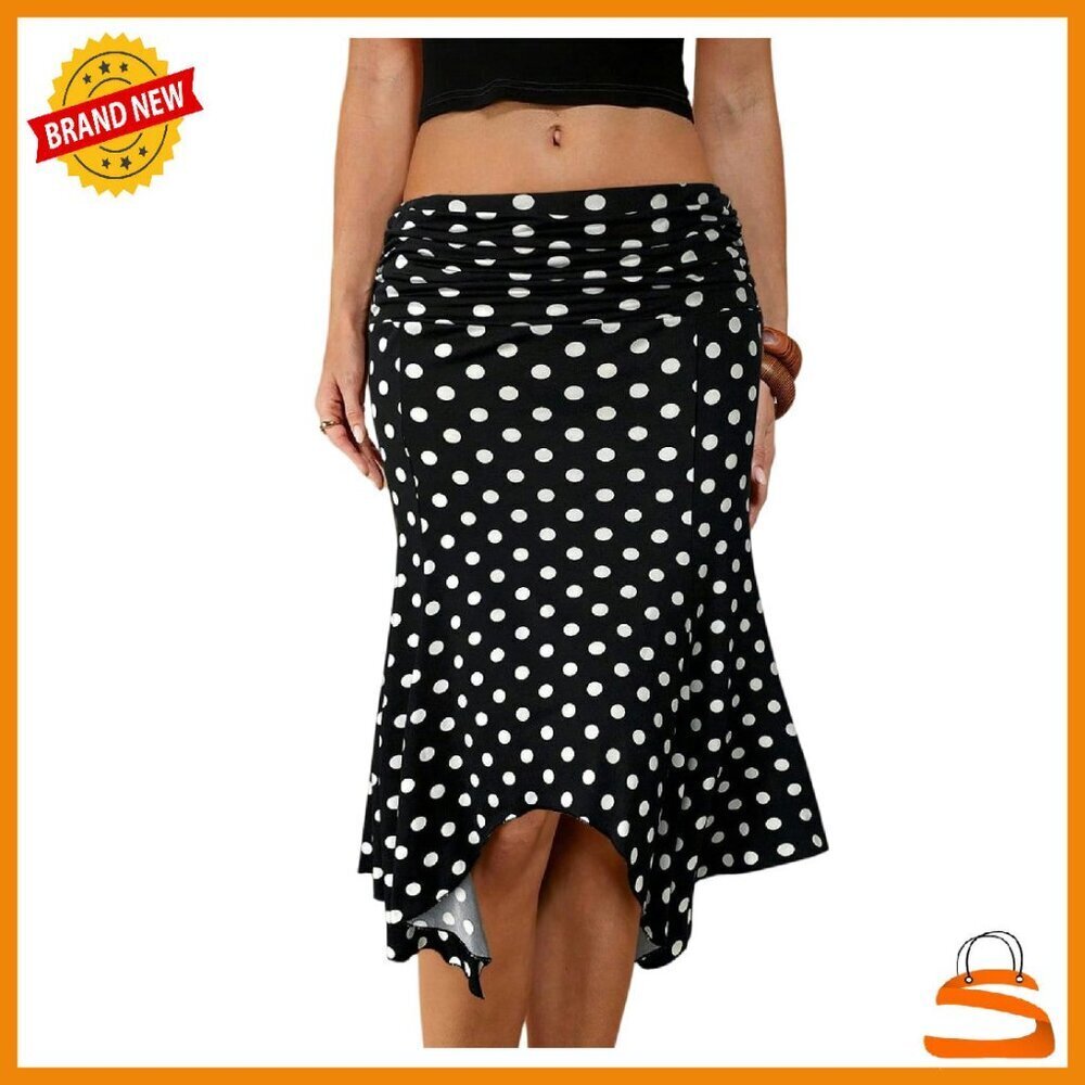 Y2K Polka Dot Ruched Ruffle Skirt Low Waist Asymmetrical Midi Bodycon